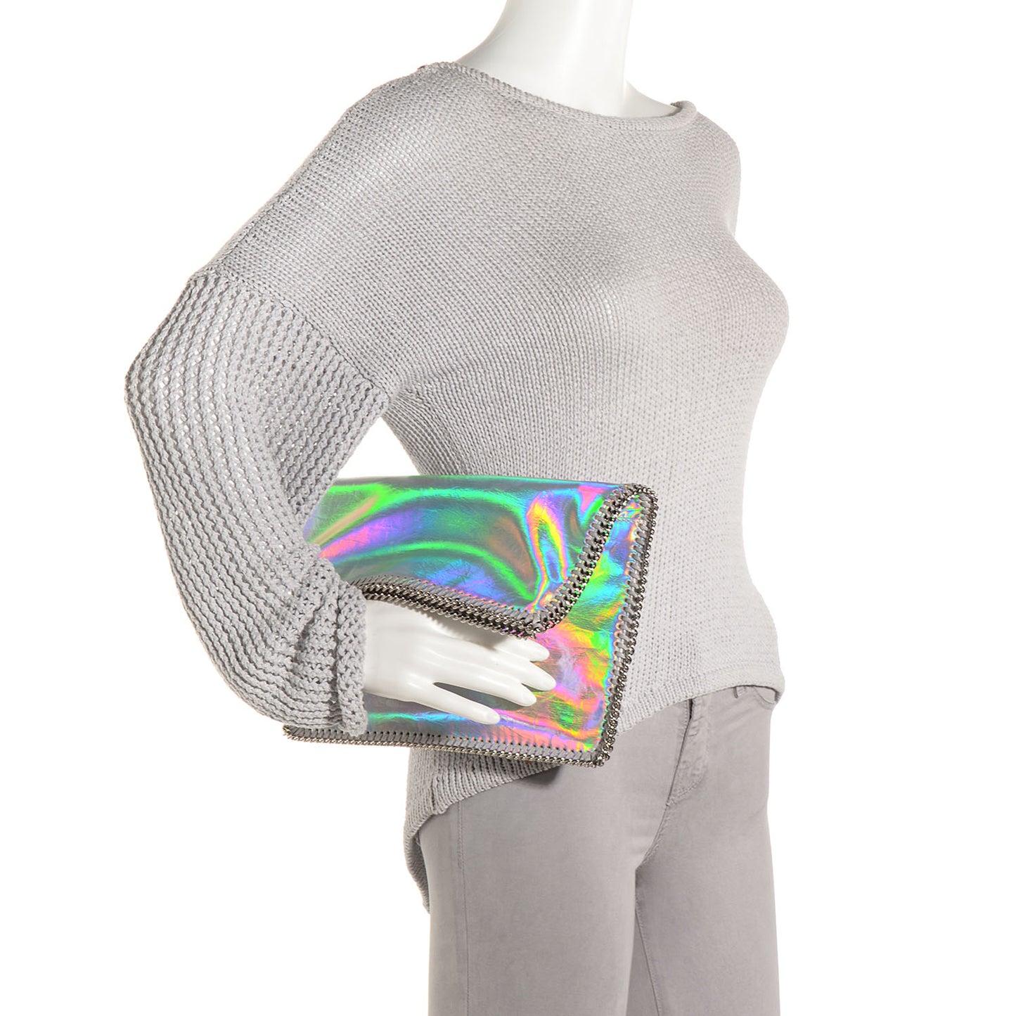 Holographic Faux Leather Fold Over Falabella Clutch Silver