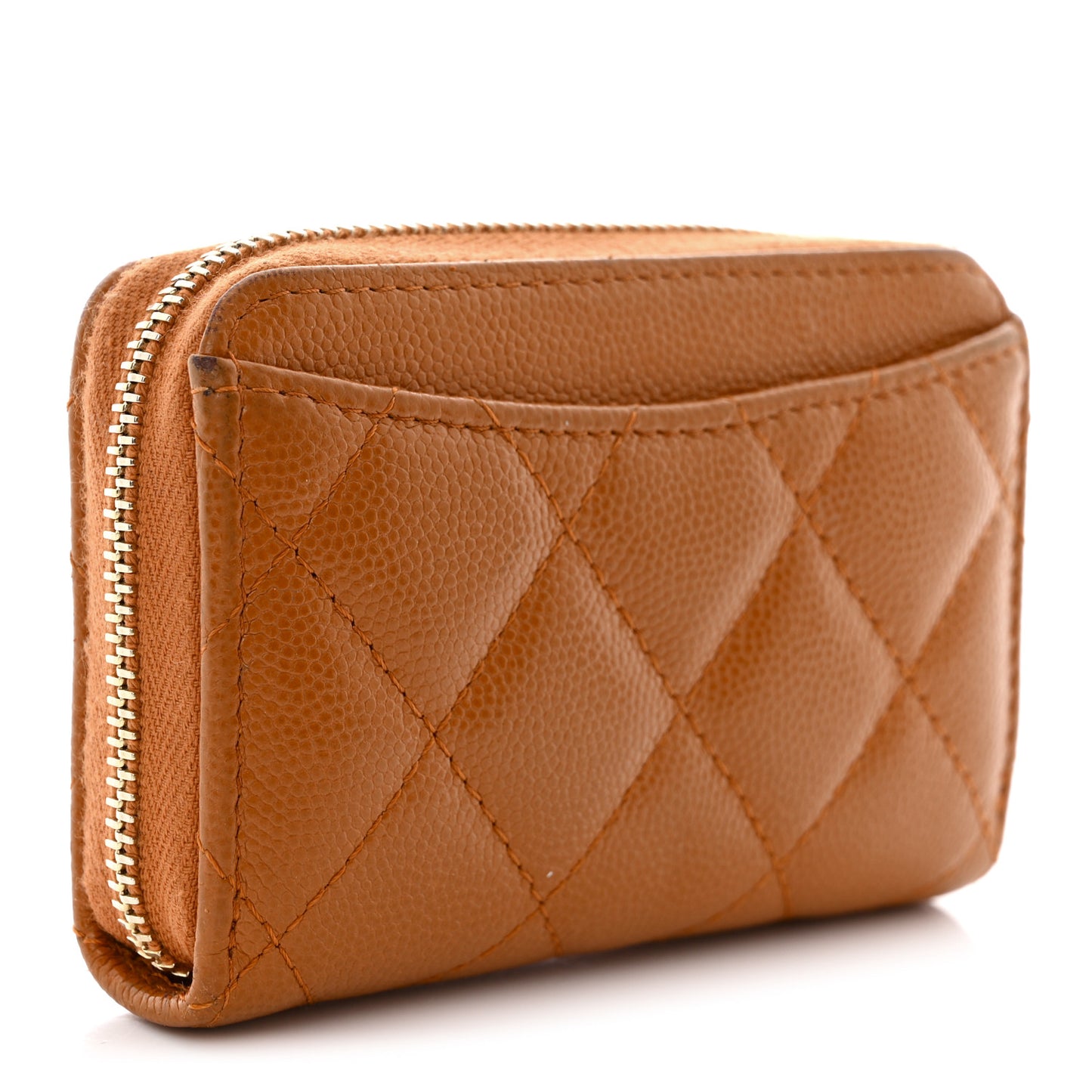 Caviar Quilted Zip Around Coin Purse Wallet Light Brown