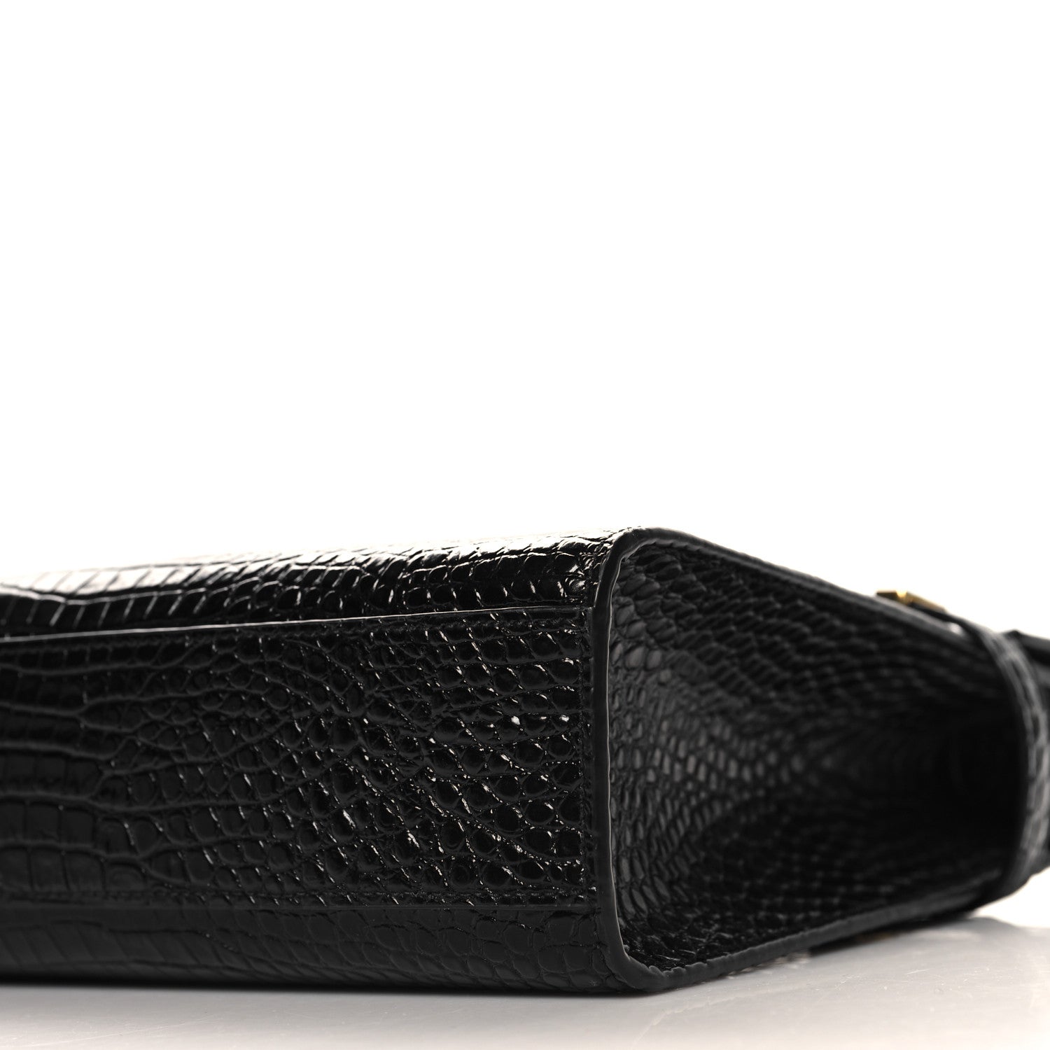Saint Laurent Shiny Calfskin Crocodile Embossed Manhattan Baguette Black 9 of 9