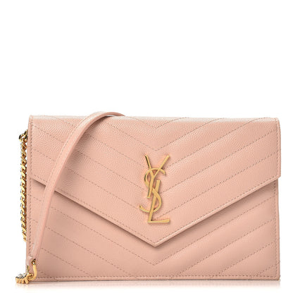 Saint Laurent Grain De Poudre Matelasse Chevron Monogram Envelope Chain Wallet Pale Pink 1 of 9