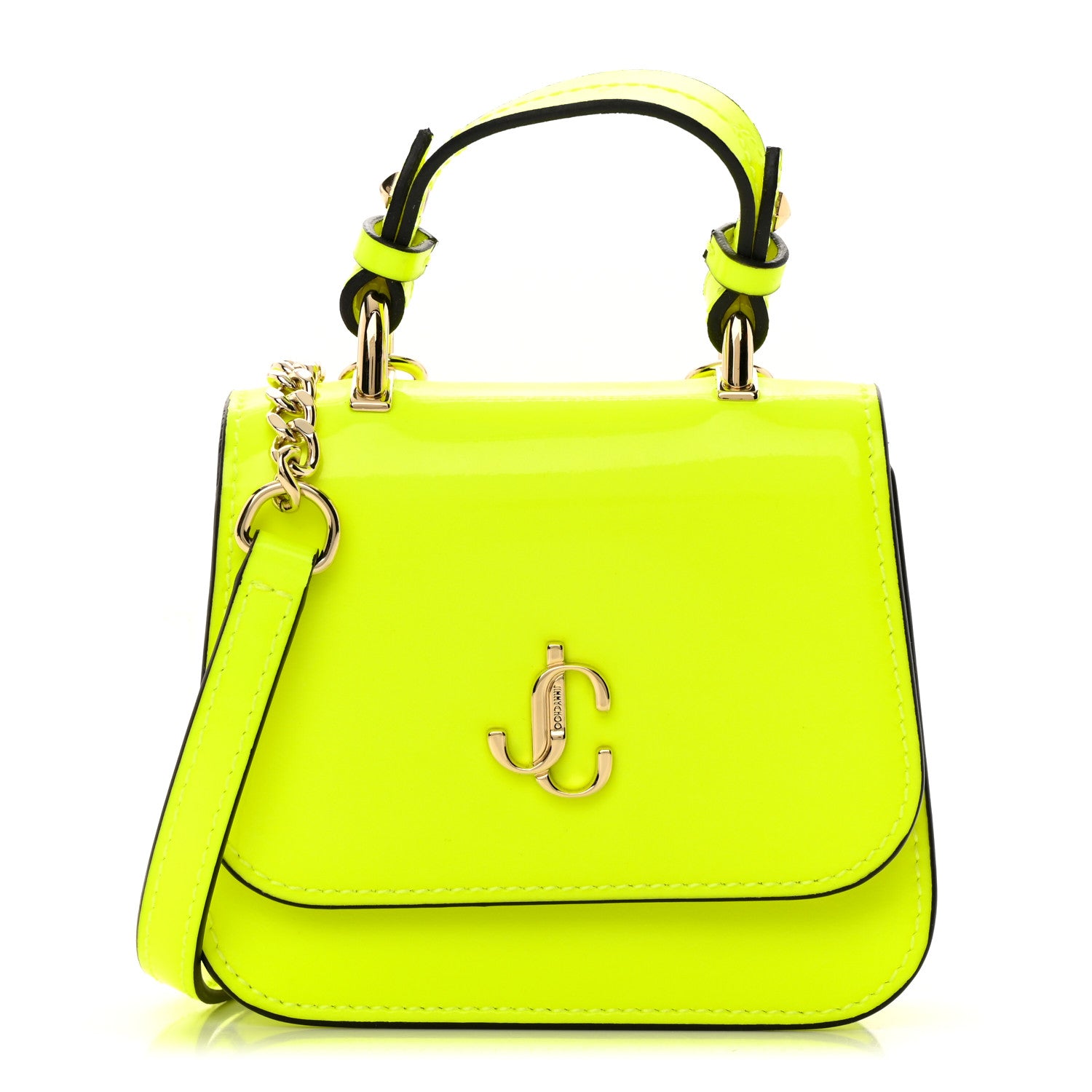 Jimmy Choo Patent Calfskin Micro Varenne Top Handle Satchel Neon Citron 1 of 13
