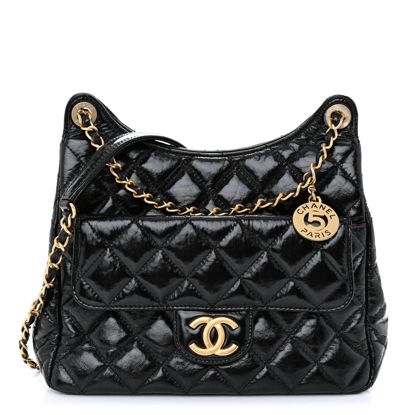 Shiny Crumpled Calfskin Quilted Wavy CC Hobo Black