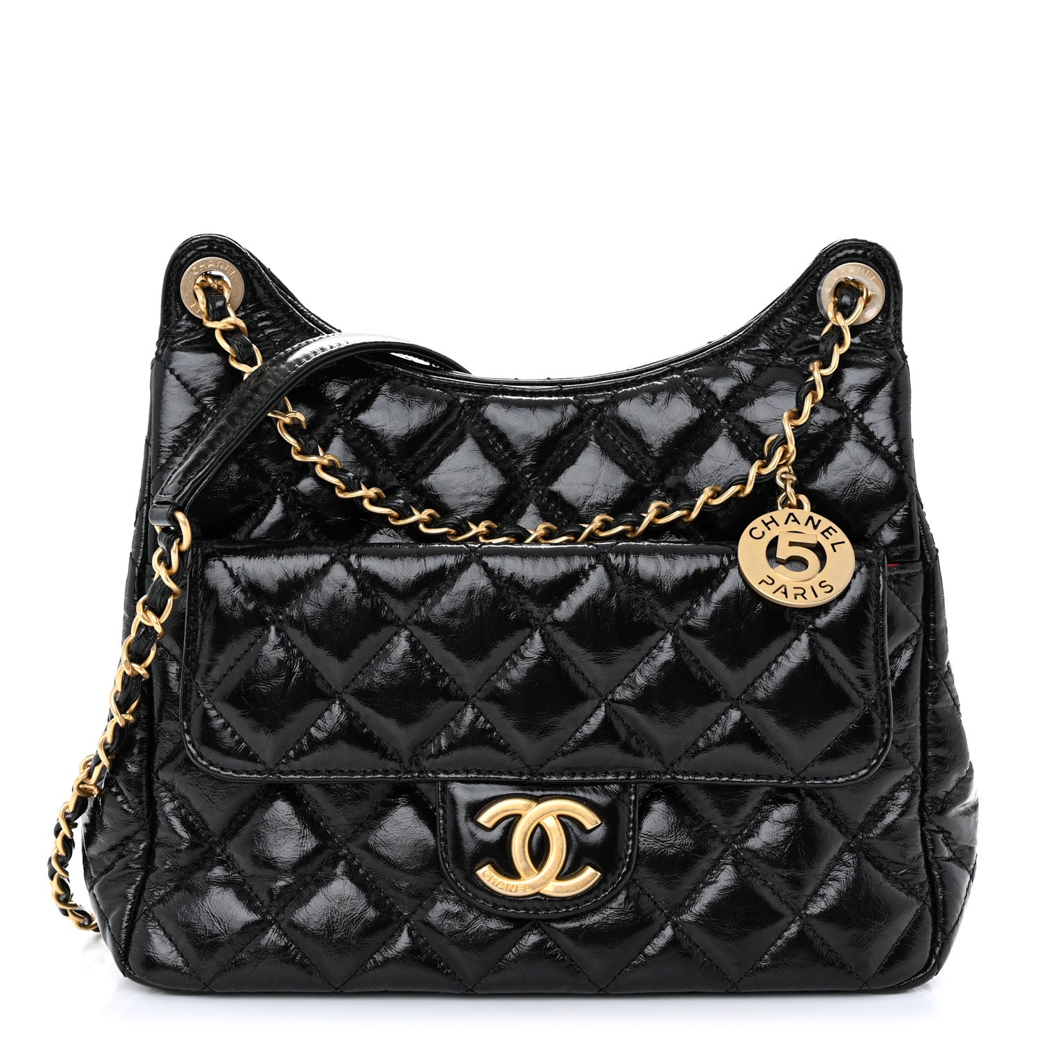 Chanel Shiny Crumpled Calfskin Quilted Wavy CC Hobo Black 1 of 11