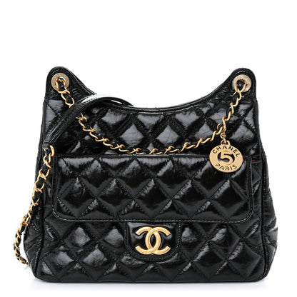 Chanel Shiny Crumpled Calfskin Quilted Wavy CC Hobo Black 1 of 11