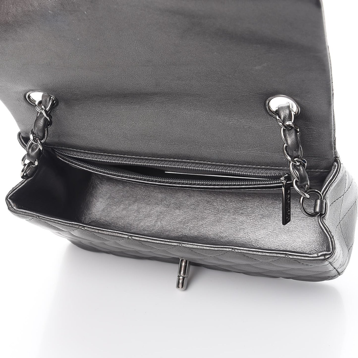Metallic Lambskin Quilted Mini Rectangular Flap Dark Grey