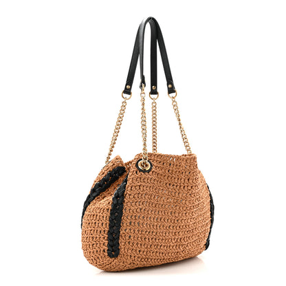 Gucci Raffia Effect Medium GG Marmont Shoulder Tote Bag Natural Black 3 of 10