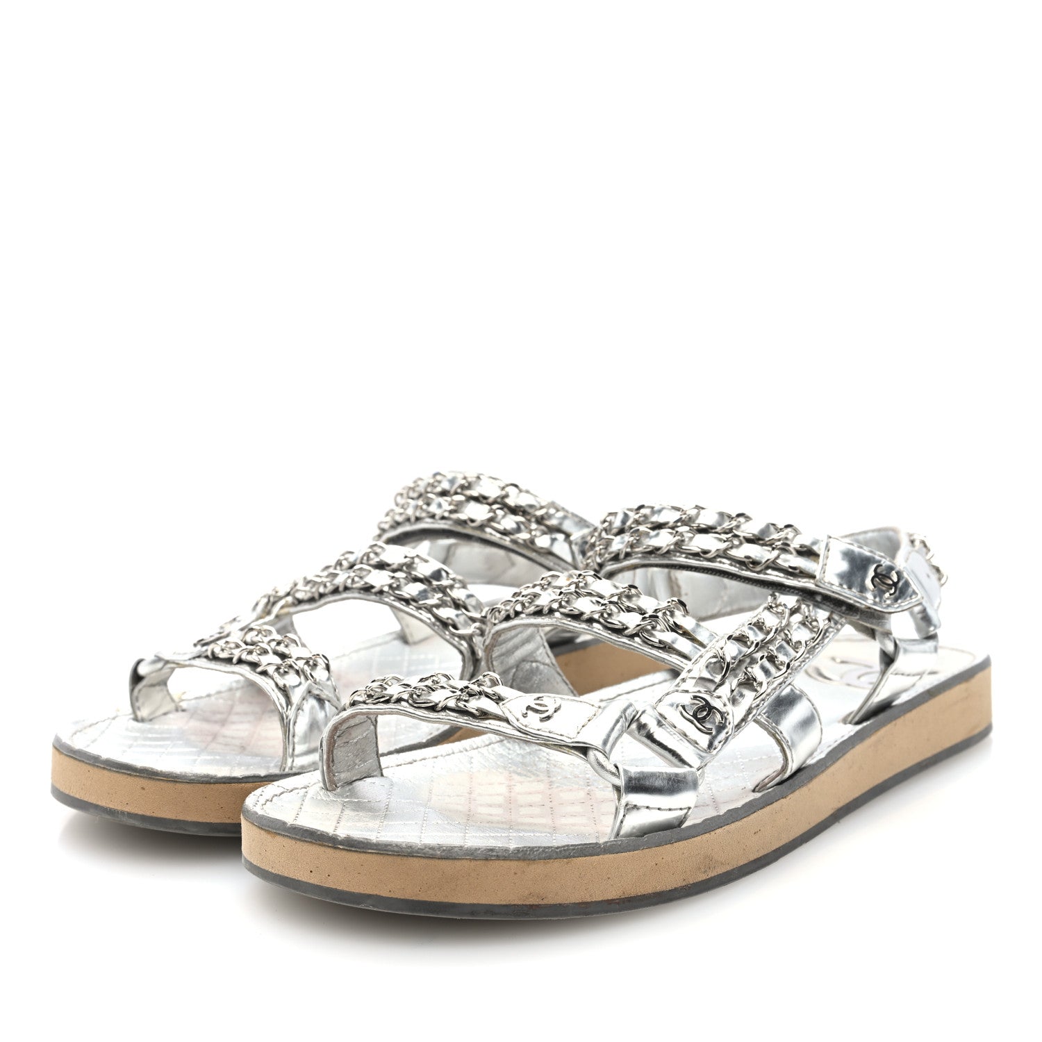 Chanel Metallic Laminated Goatskin Chain Flat Sandals 39 Silver