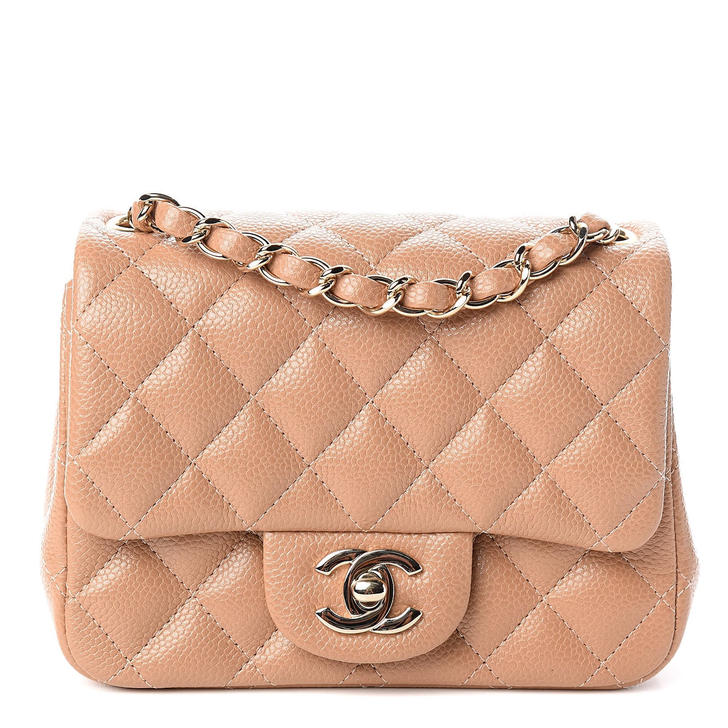 Iridescent Caviar Quilted Mini Square Flap Beige
