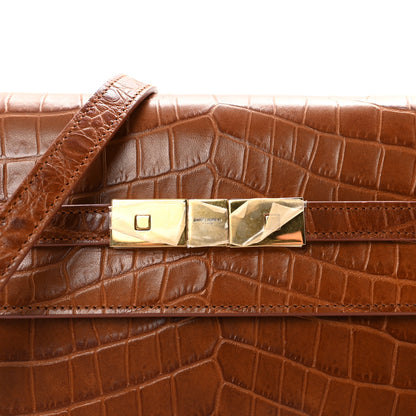Saint Laurent Shiny Calfskin Crocodile Embossed Small Manhattan Baguette Dark Caramel 7 of 10