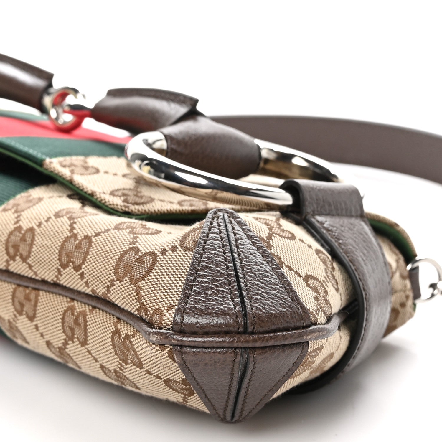 Gucci Monogram Textured Dollar Calfskin Heavy Grosgrain Web Medium Maxi Horsebit Chain Shoulder Bag Beige Ebony New Acero 10 of 10