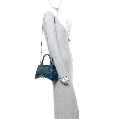 Balenciaga Shiny Calfskin Crocodile Embossed Small Hourglass Top Handle Bag Dark Petrol Blue 2 of 9