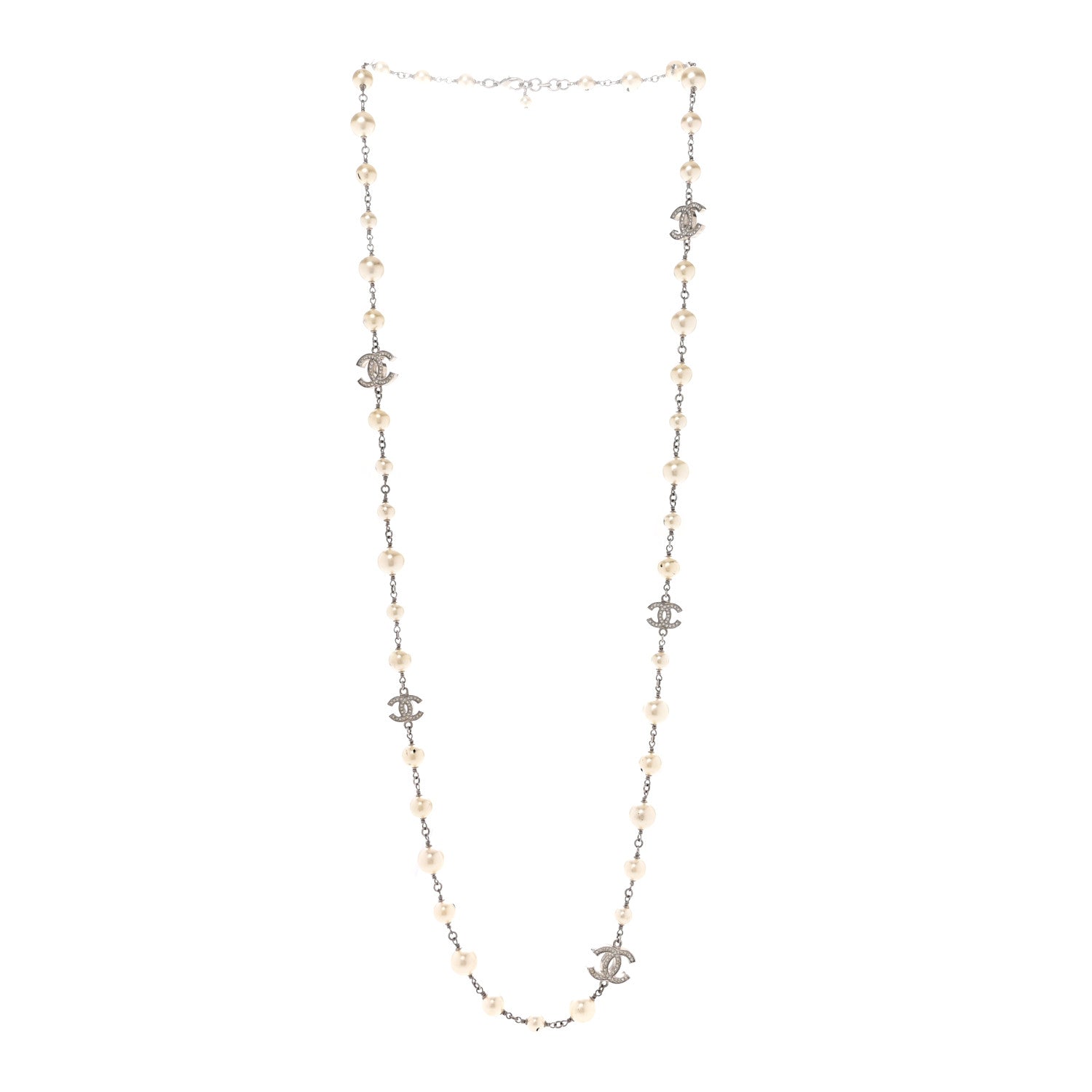 Chanel Graduated Pearl Crystal CC Long Necklace Silver 3 of 8