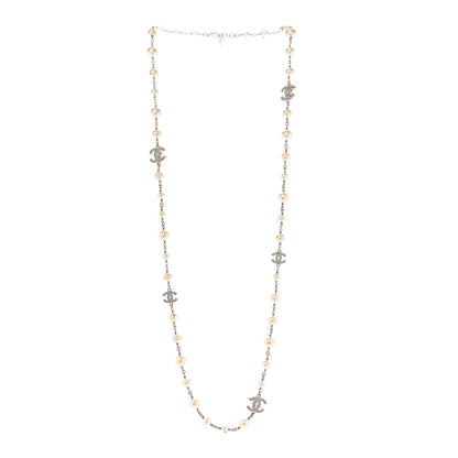 Chanel Graduated Pearl Crystal CC Long Necklace Silver 3 of 8
