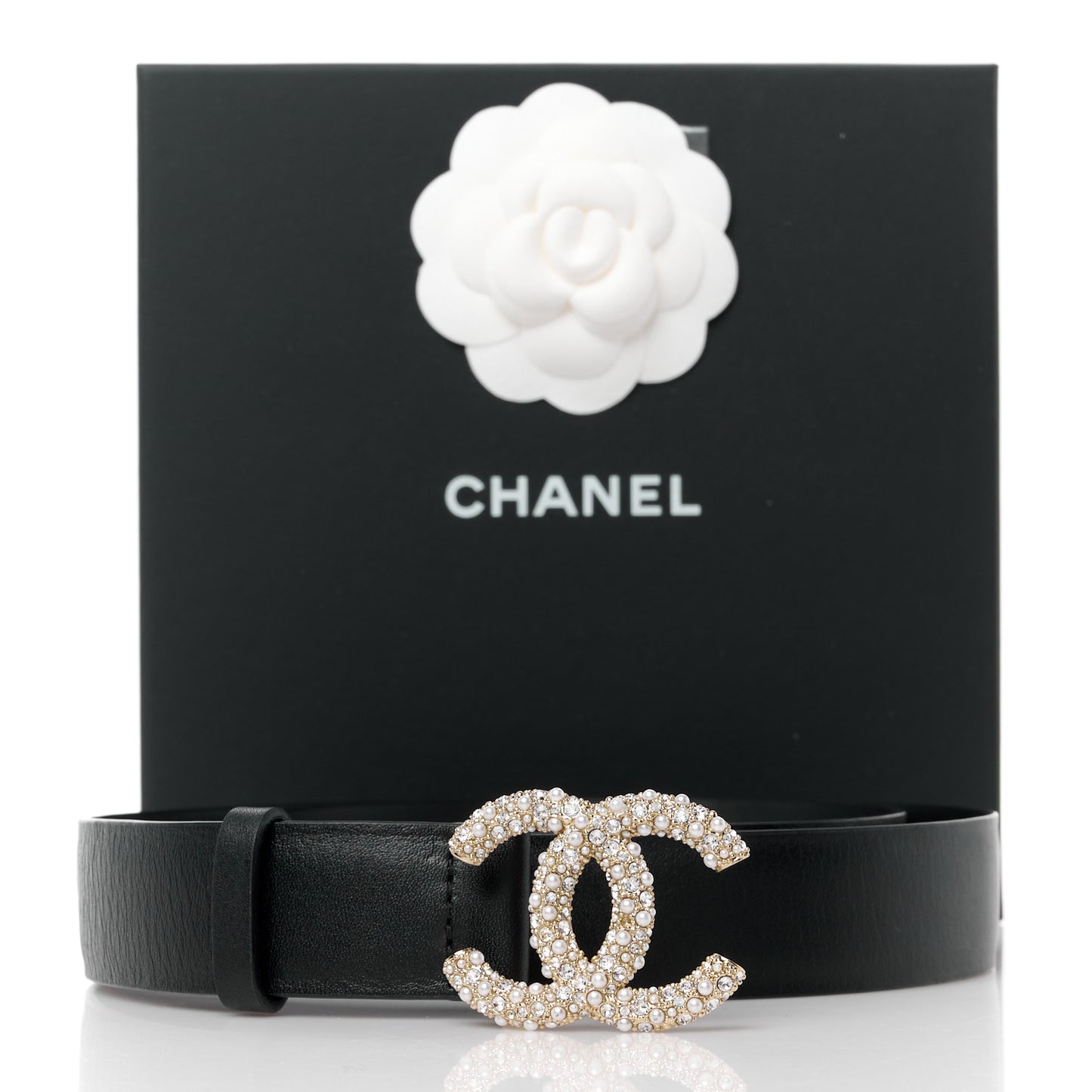 Calfskin Crystal Pearl Caviar CC Belt 80 32 Black