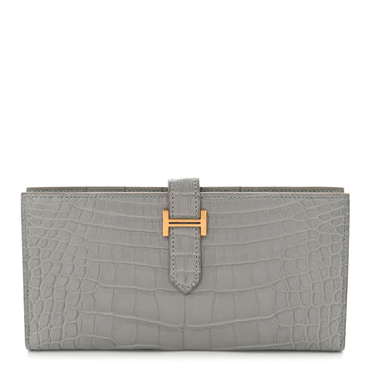 Hermes Matte Alligator Bearn Gusset Wallet Gris Perle 1 of 8
