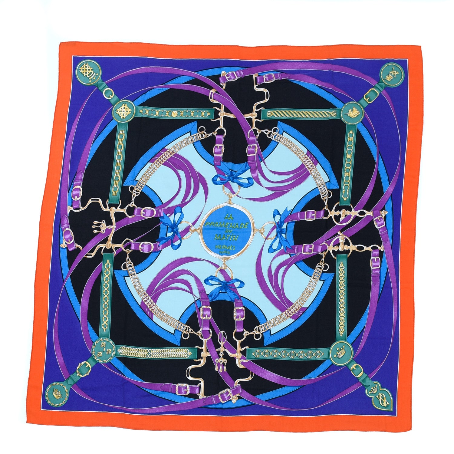 Hermes Cashmere Silk La Promenade Du Matin Shawl 140 Capucine Iris Black 1 of 5