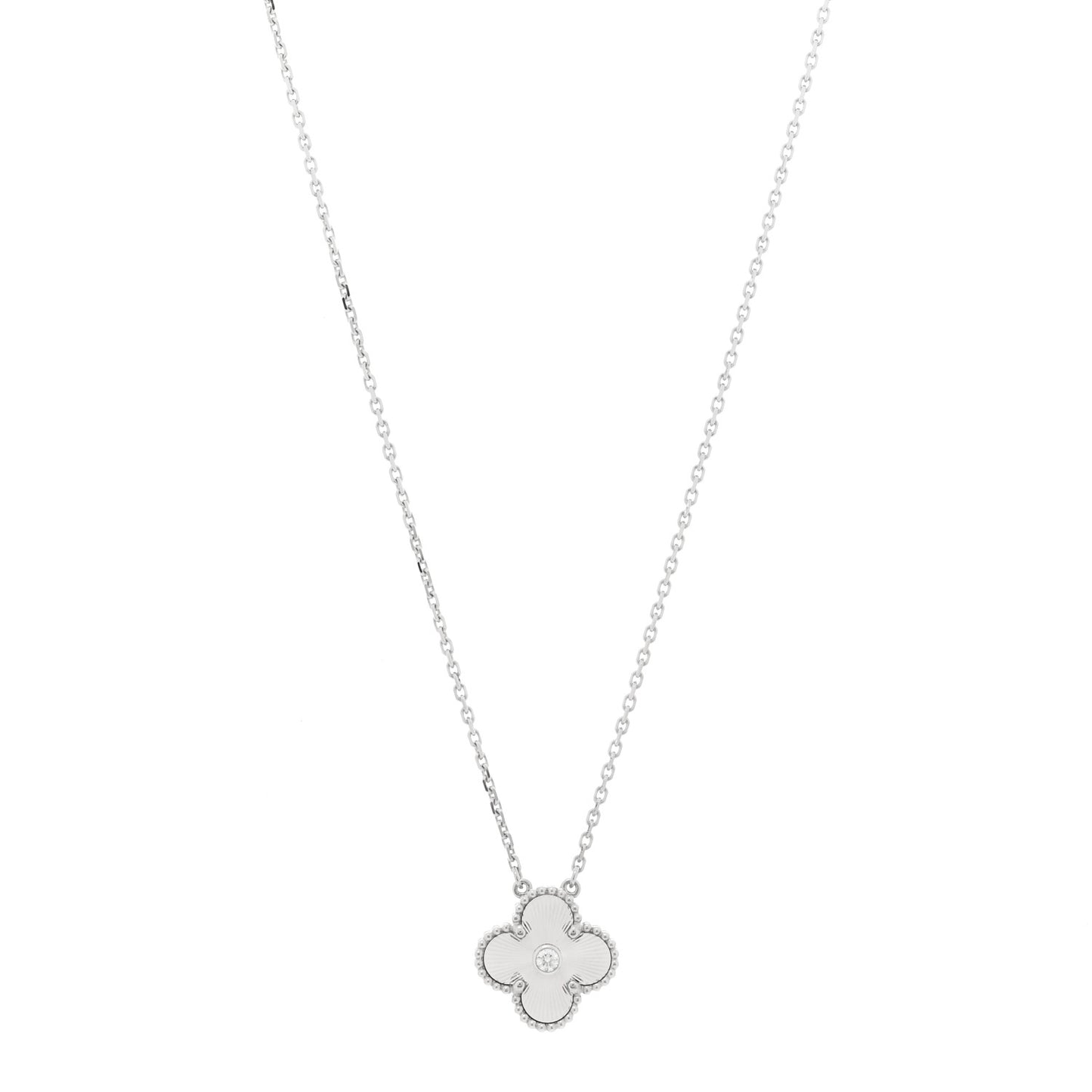 18K White Gold Diamond Guilloche Vintage Alhambra Pendant Necklace