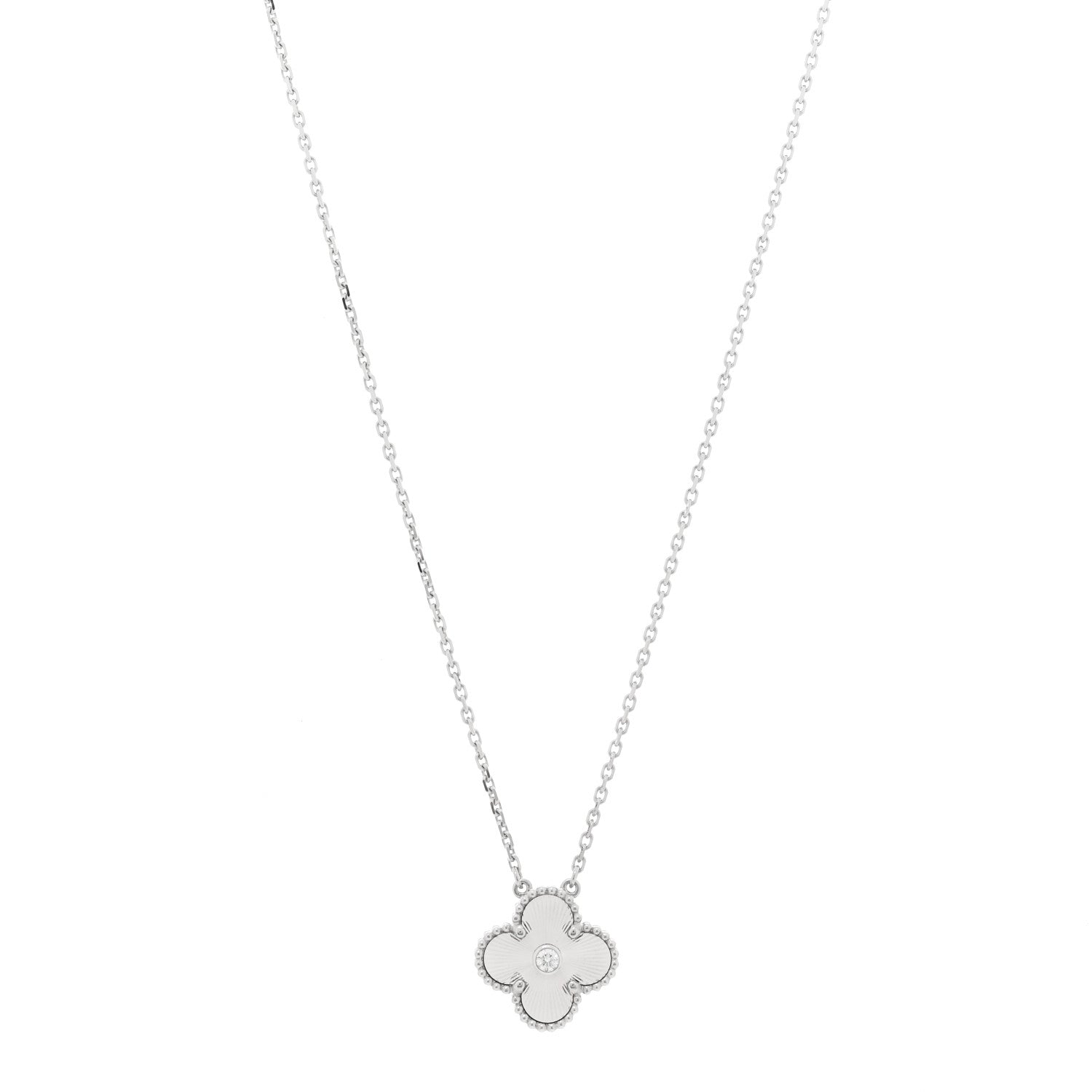 Van Cleef & Arpels 18K White Gold Diamond Guilloche Vintage Alhambra Pendant Necklace 1 of 4