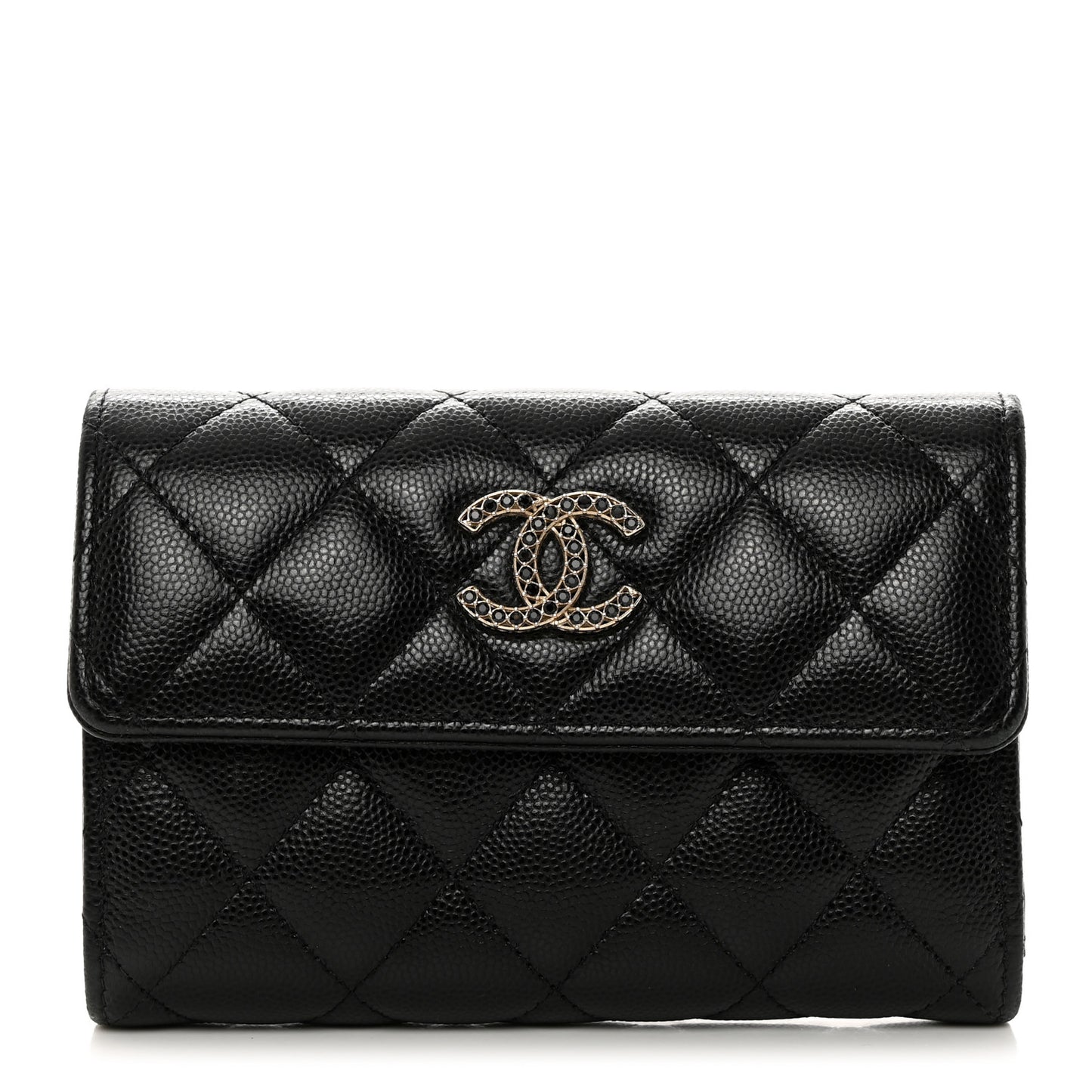 Caviar Quilted Crystal CC Medium Flap Wallet Black