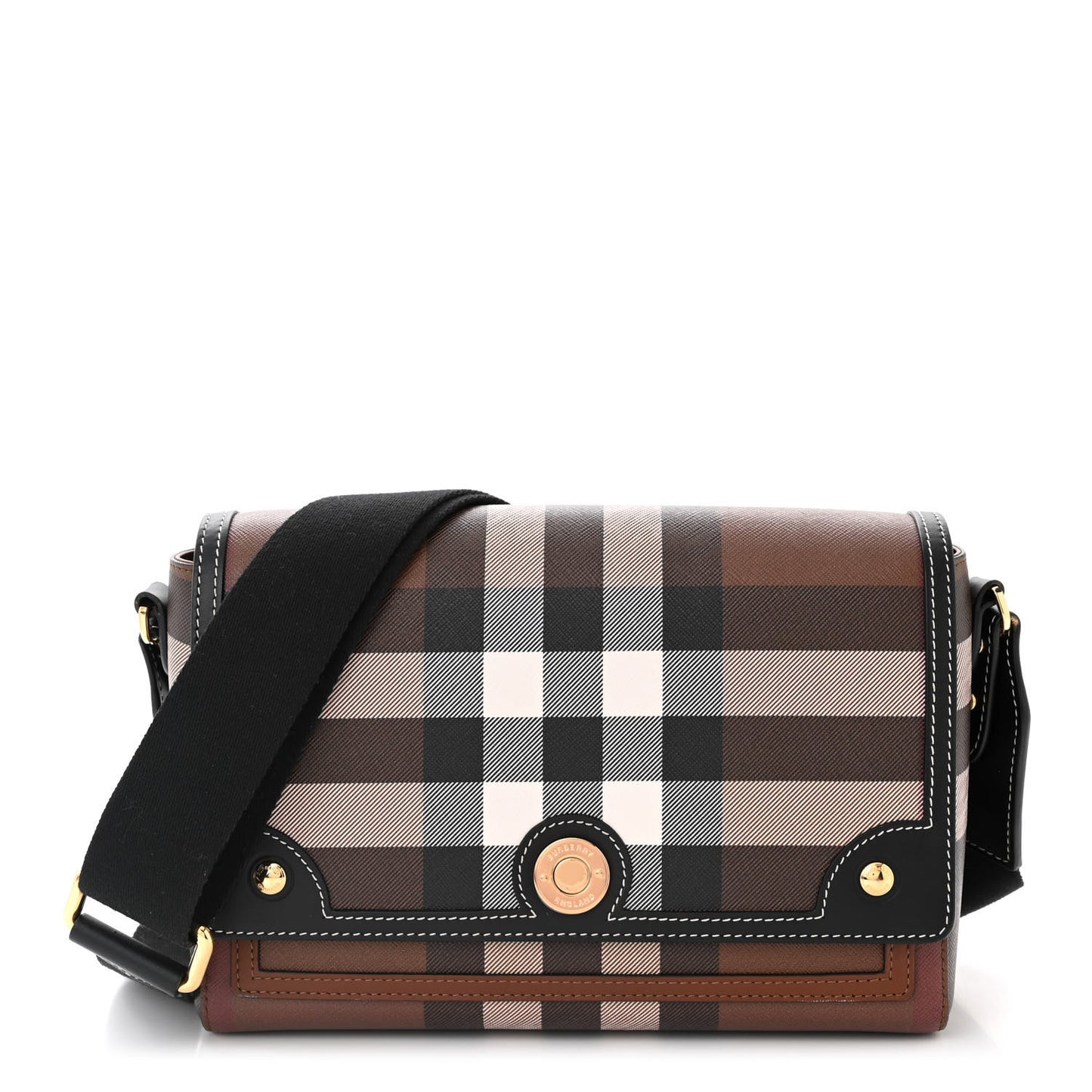 Calfskin Giant Check E-Canvas Note Crossbody Bag Dark Birch Brown