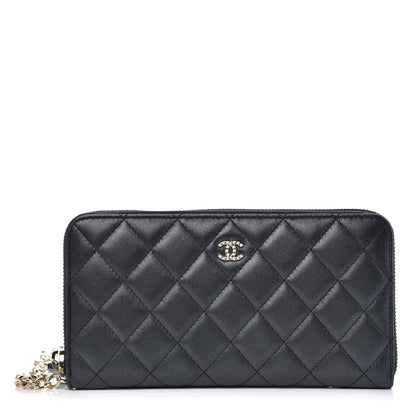 Chanel Lambskin Zip Around Large Gusset Wallet With Pearl Chain Black 1 of 9