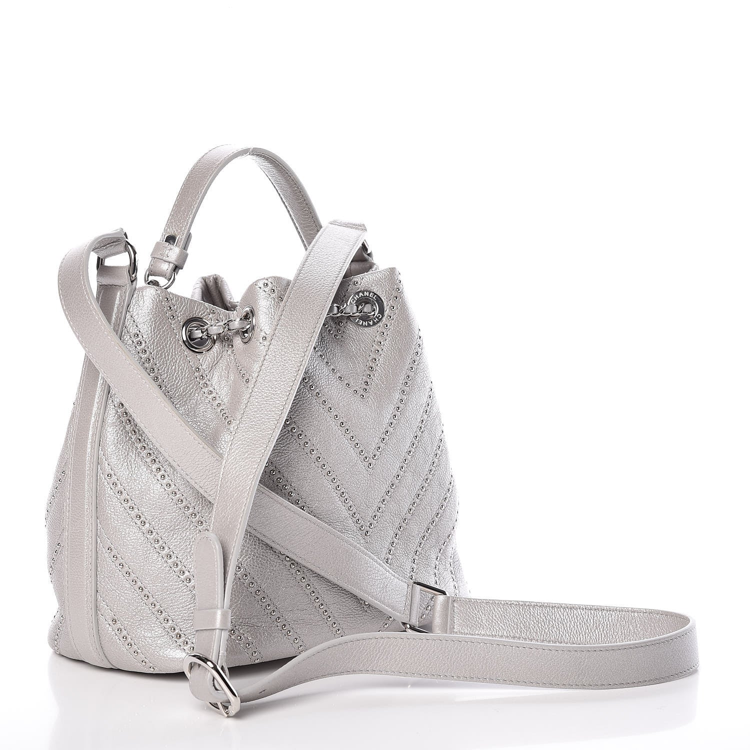 Chanel Metallic Calfskin Studded Chevron Quilted Small Stud Wars Drawstring Bag Silver 3 of 10