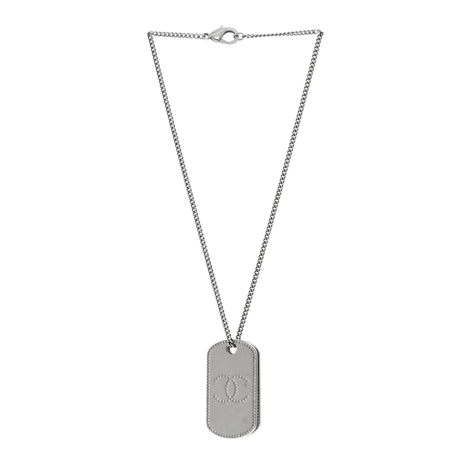 Chanel Metal Crystal Ruthenium Dog Tag Charm Necklace Black 3 of 6