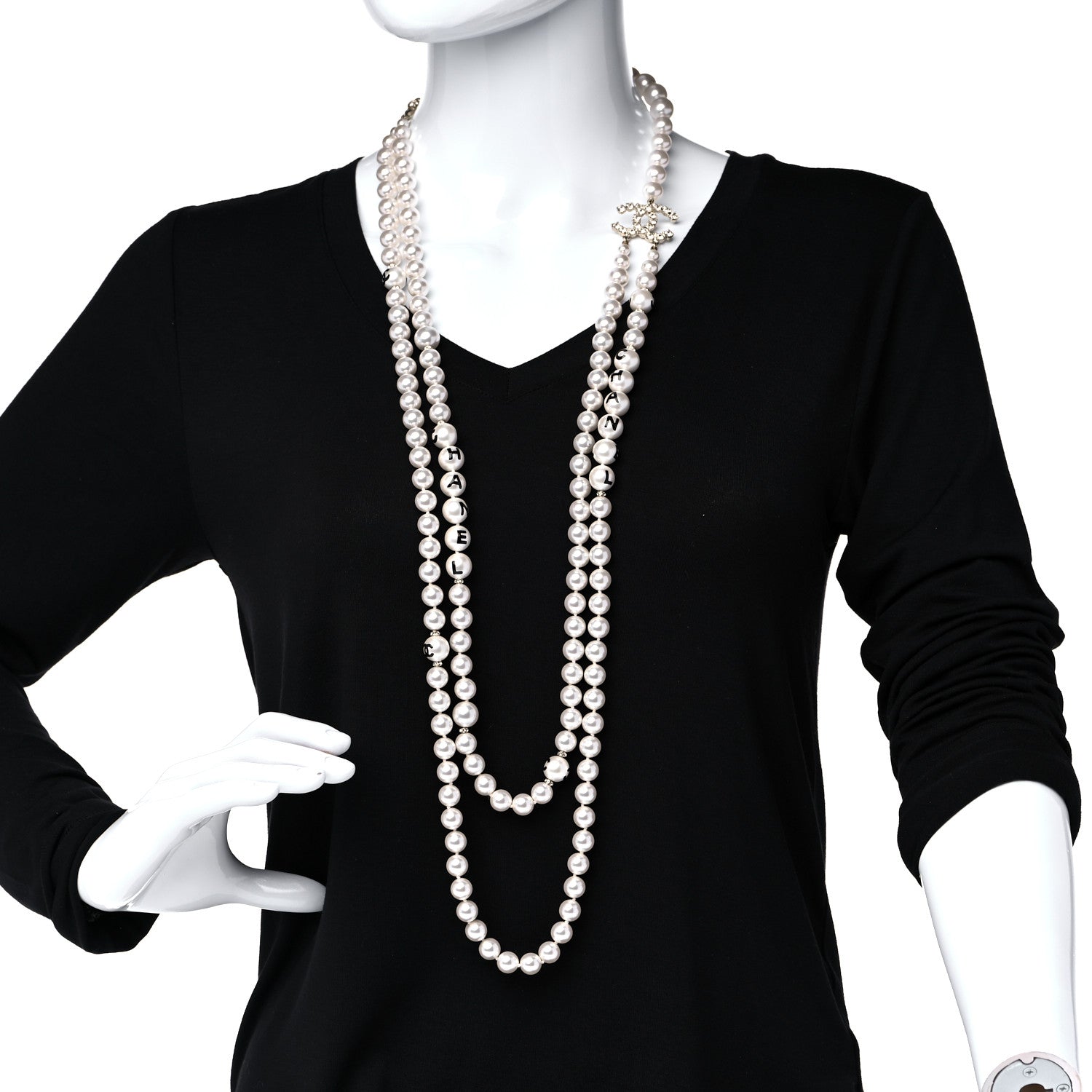Chanel Pearl Crystal Long CC Logo Necklace Gold 4 of 15