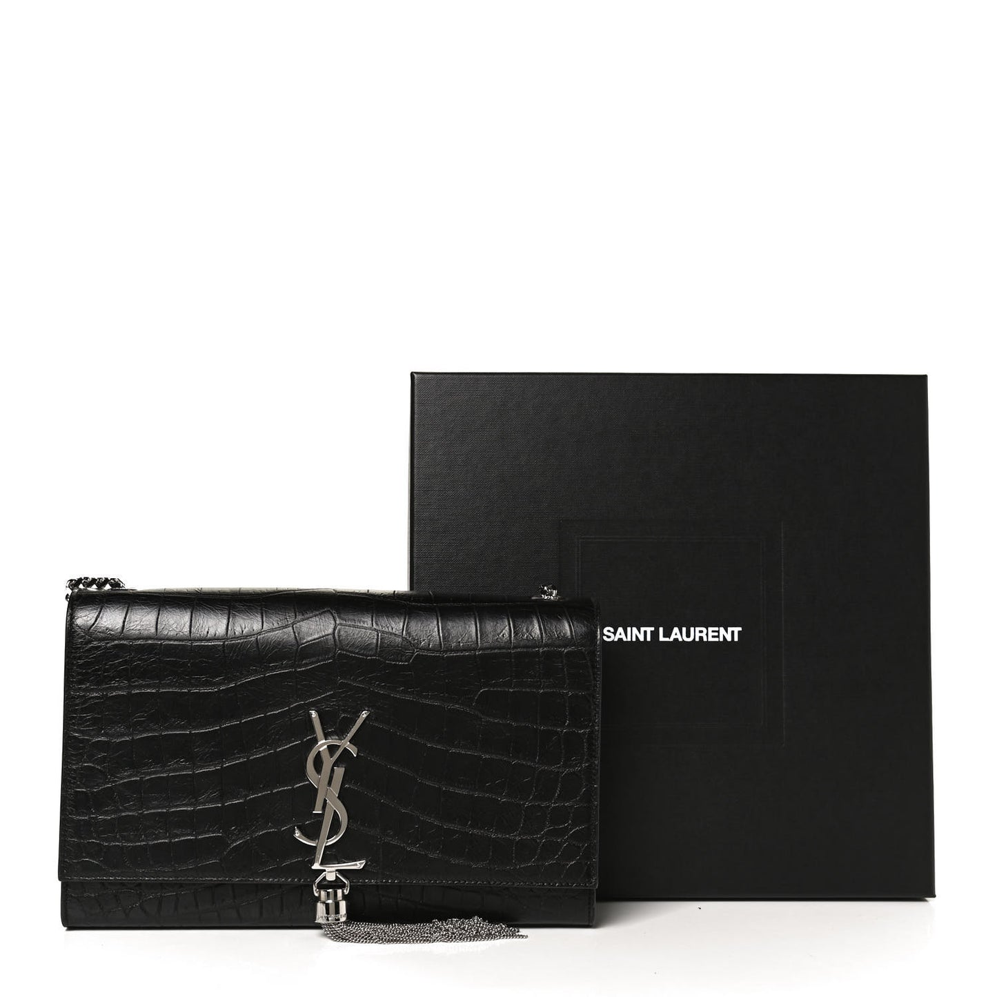 Calfskin Crocodile Embossed Medium Classic Monogram Kate Tassel Satchel Black