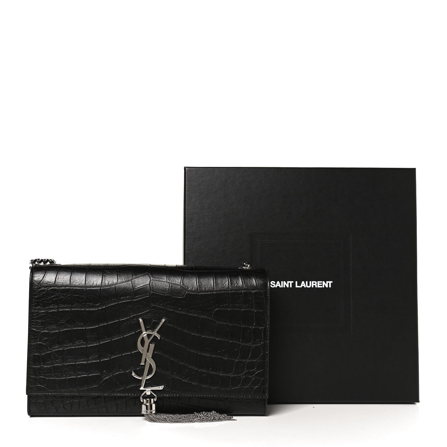 Saint Laurent Calfskin Crocodile Embossed Medium Classic Monogram Kate Tassel Satchel Black 12 of 12