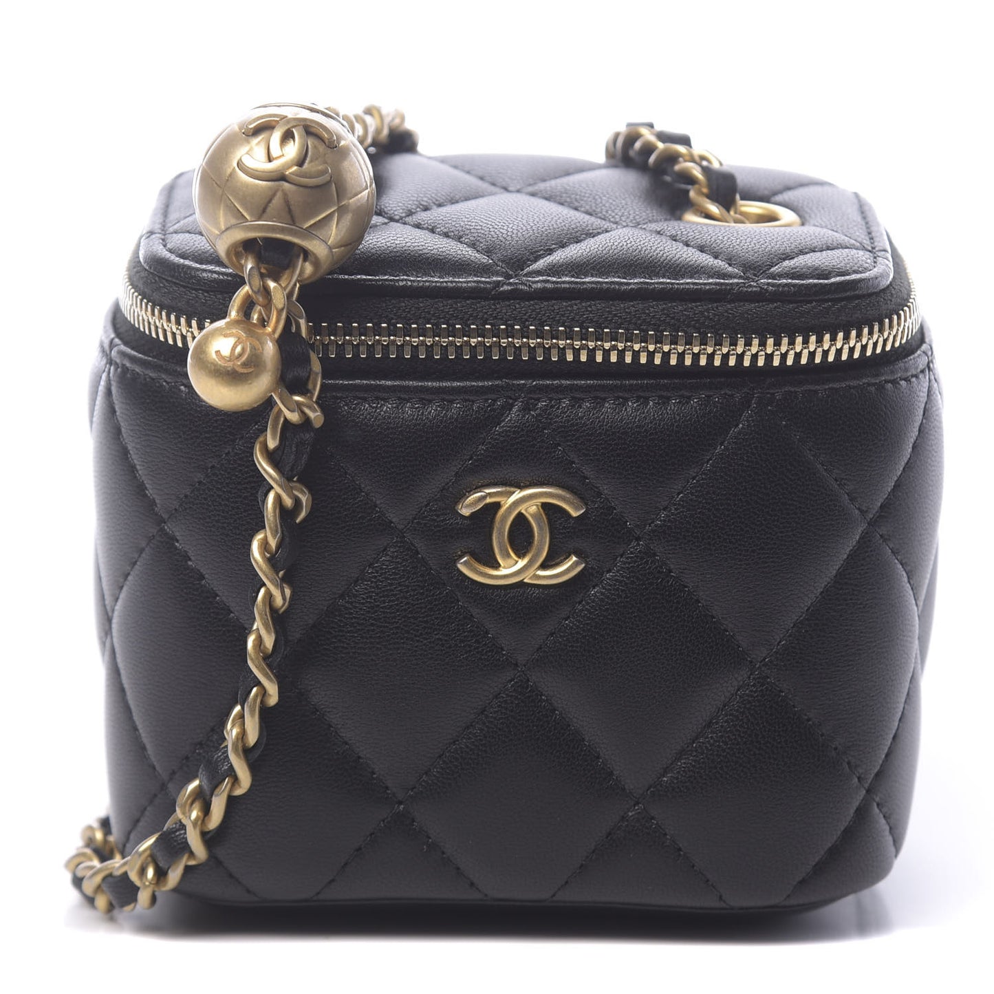 Lambskin Quilted Mini Pearl Crush Vanity Case With Chain Black