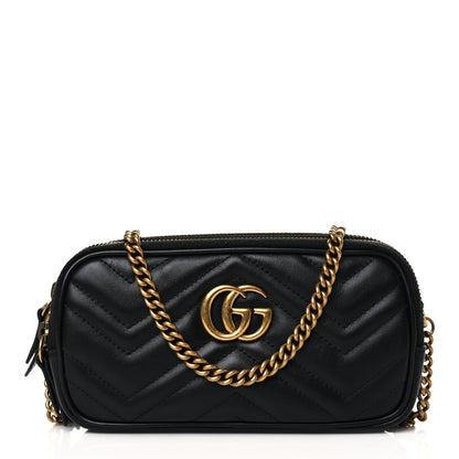 Gucci Calfskin Matelasse Mini GG Marmont Chain Crossbody Bag Black 1 of 13