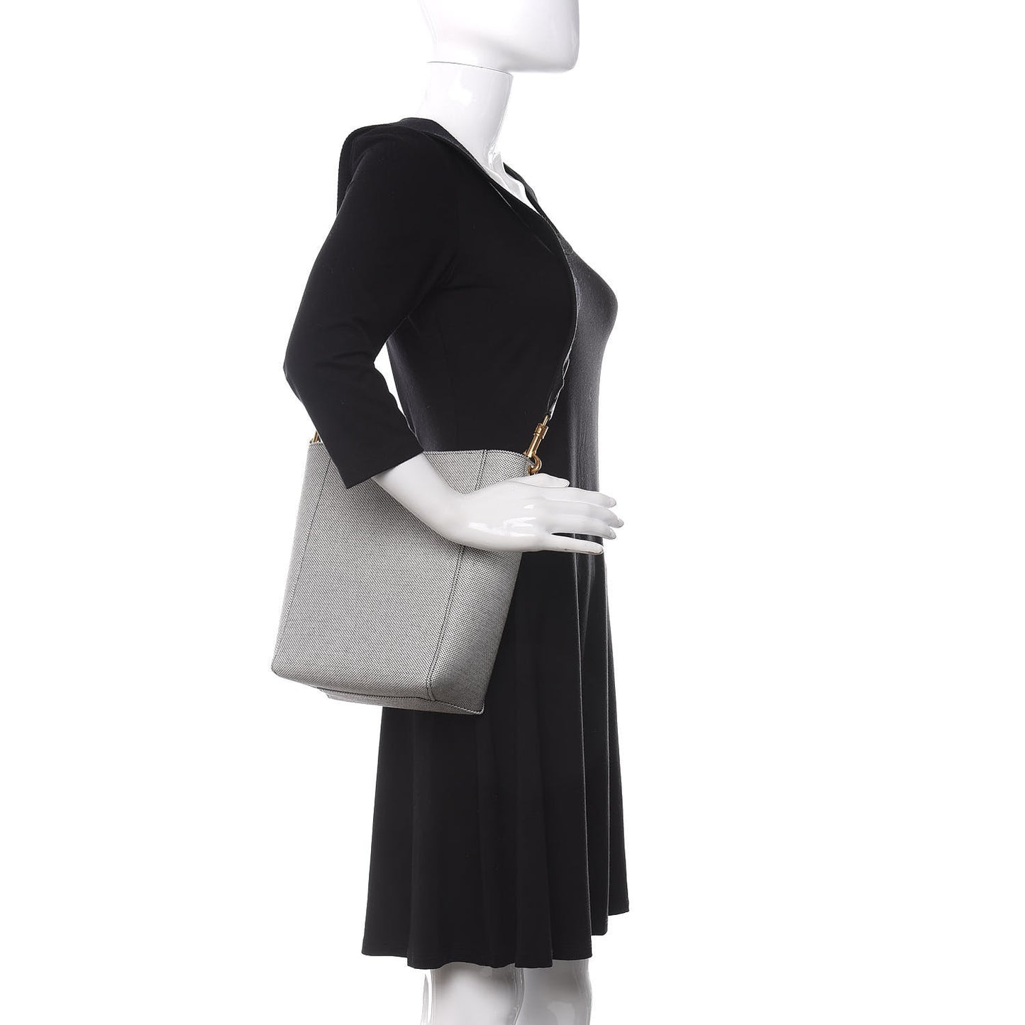 Textured Canvas Small Sangle Bucket Bag Black White