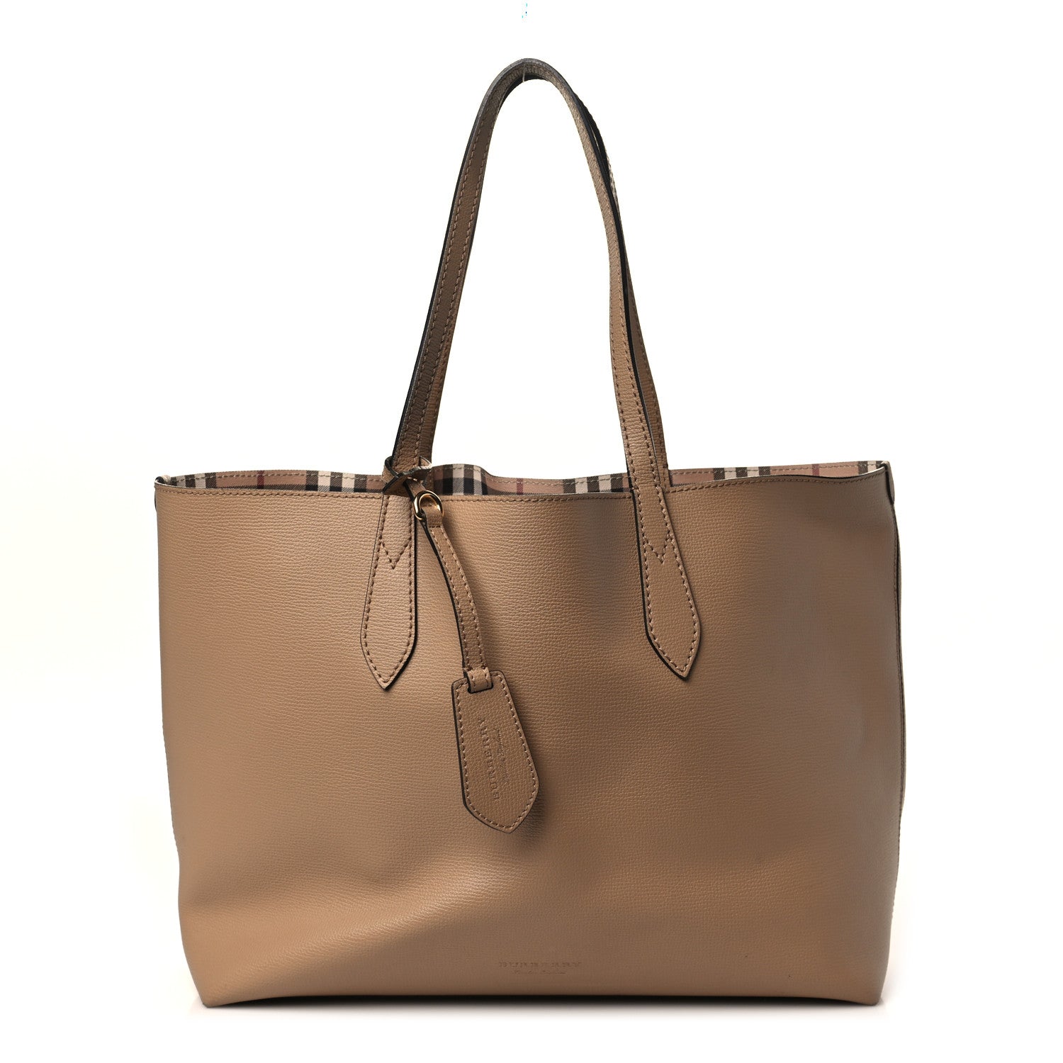 Burberry Grainy Calfskin Haymarket Check Medium Reversible Tote Camel 1 of 14