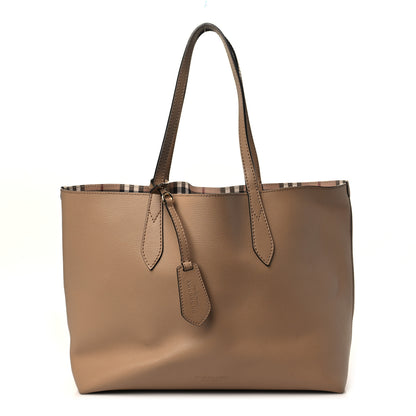 Burberry Grainy Calfskin Haymarket Check Medium Reversible Tote Camel 1 of 14
