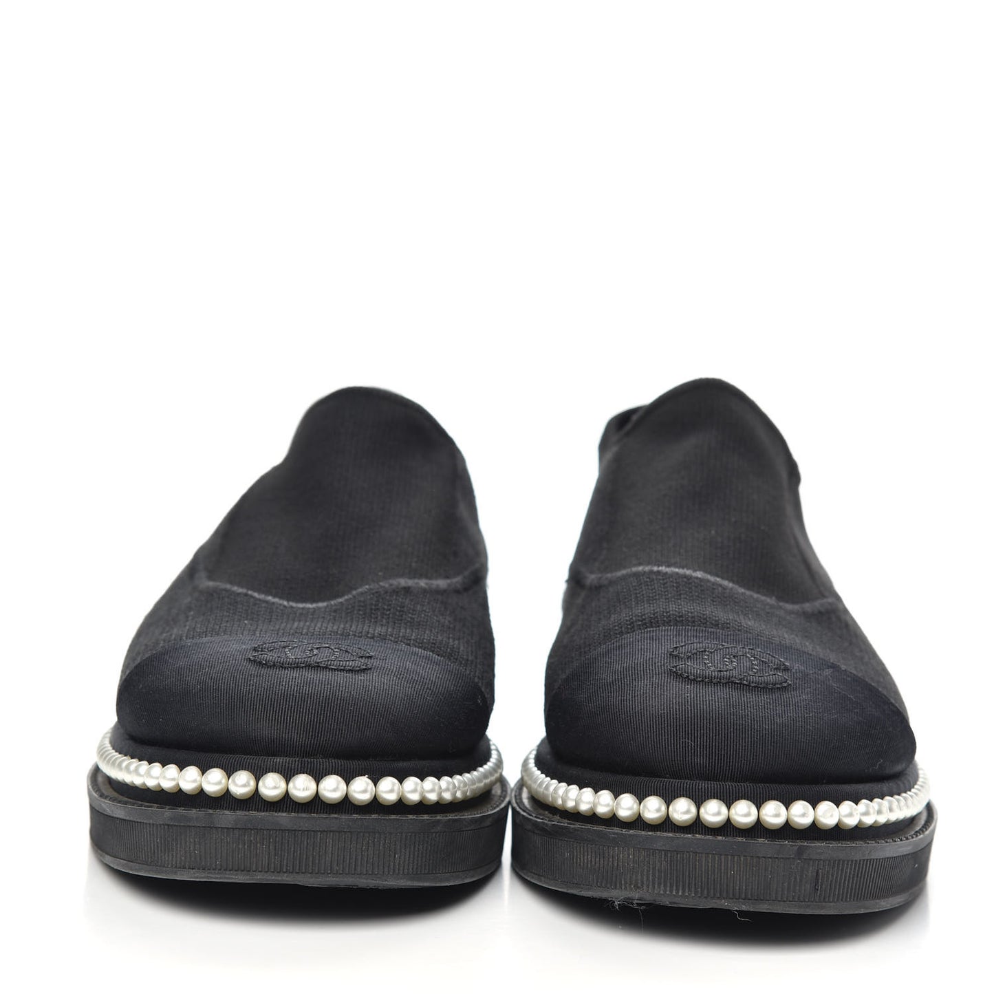 Stretch Fabric Grosgrain Pearl Cap Toe CC Moccasin Loafers 37.5 Black