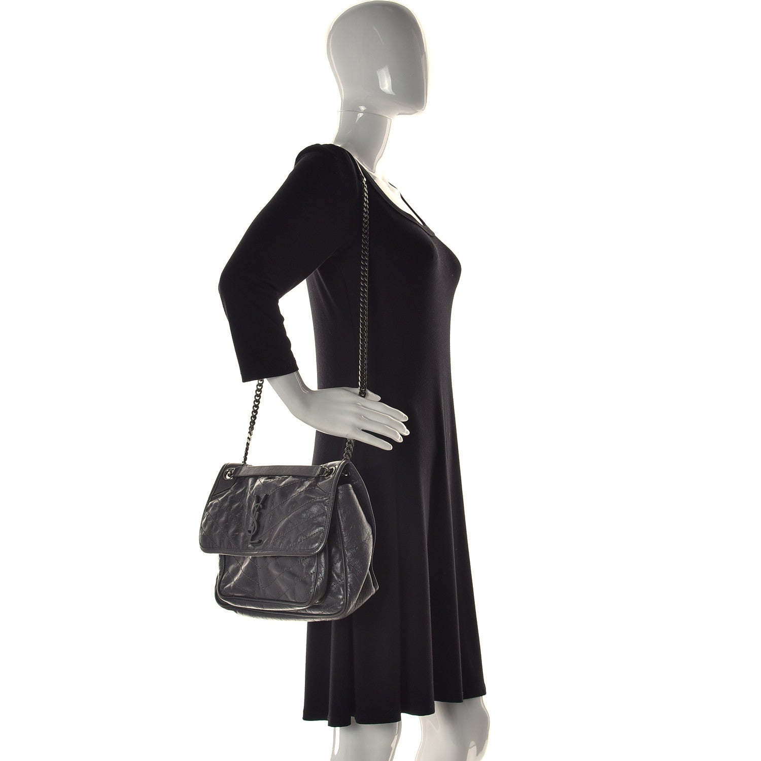 Saint Laurent Crinkled Calfskin Matelasse Monogram Medium Niki Chain Satchel Storm 2 of 12