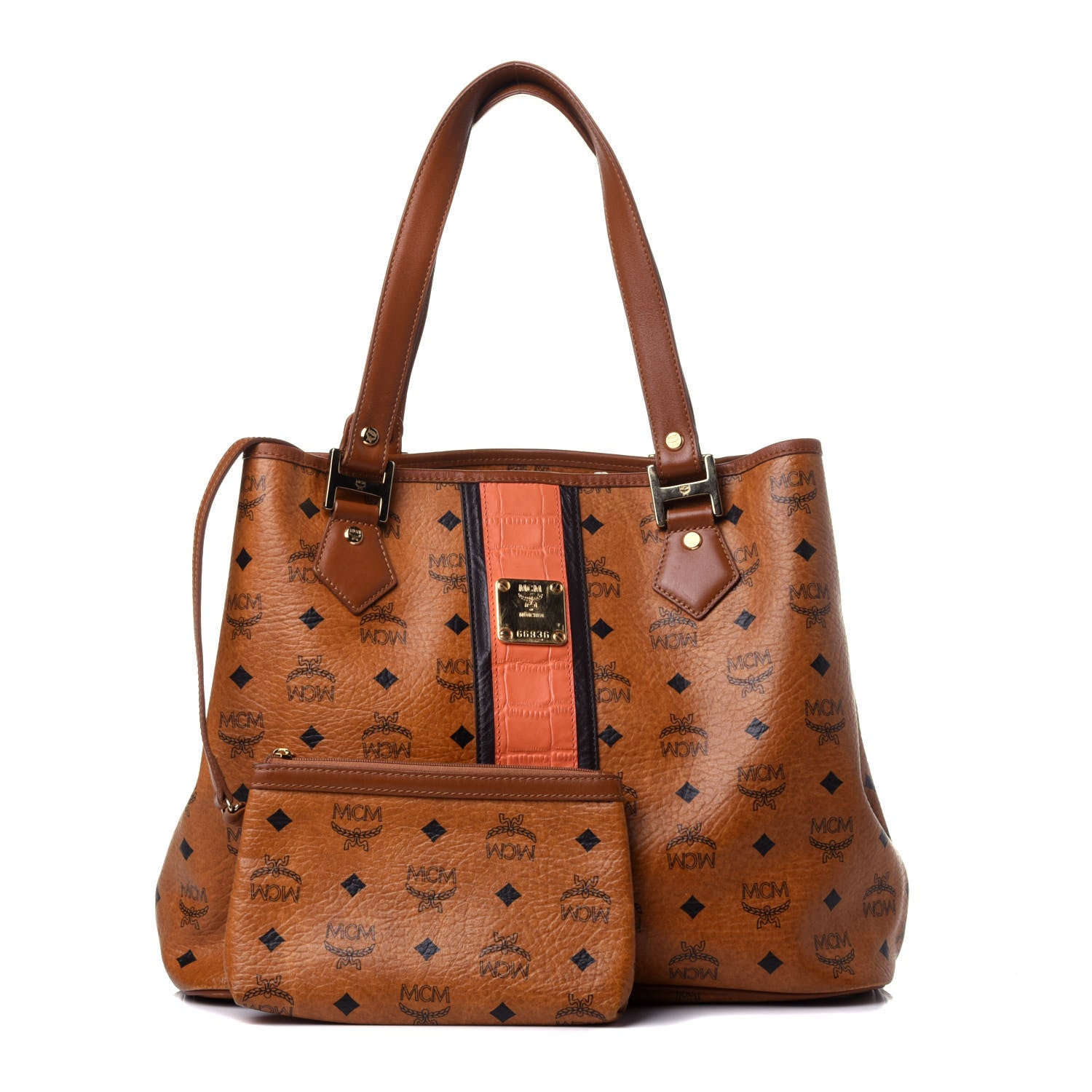 MCM Visetos Crocodile Embossed Shopper Tote Cognac 1 of 13