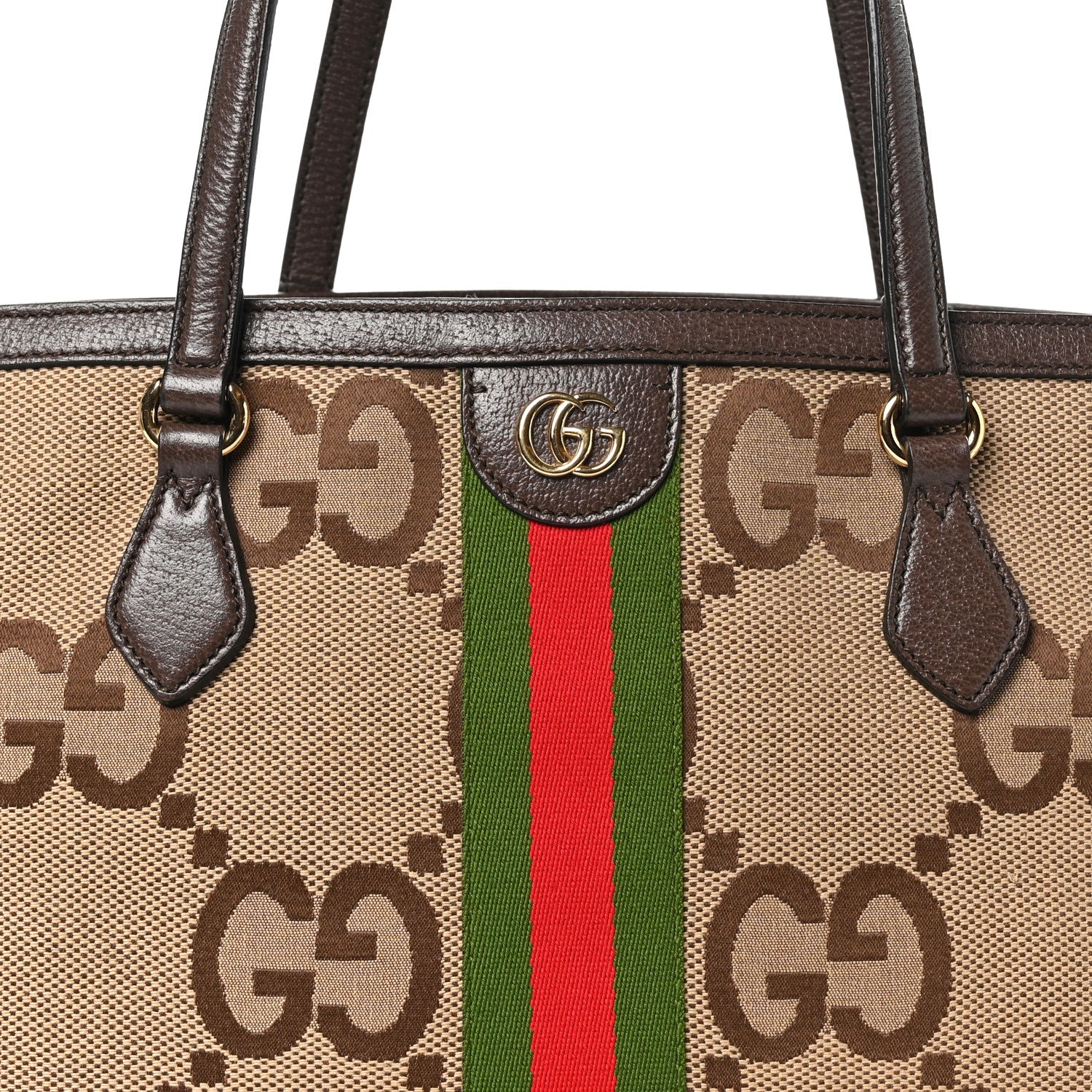 Gucci Monogram Jumbo GG Textured Dollar Calfskin Web Medium Ophidia Shopping Tote Camel Ebony 8 of 10