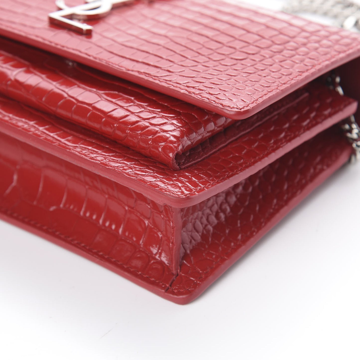 Calfskin Crocodile Embossed Monogram Sunset Top Handle Chain Wallet New Lipstick Red