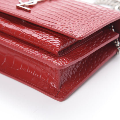 Saint Laurent Calfskin Crocodile Embossed Monogram Sunset Top Handle Chain Wallet New Lipstick Red 6 of 7