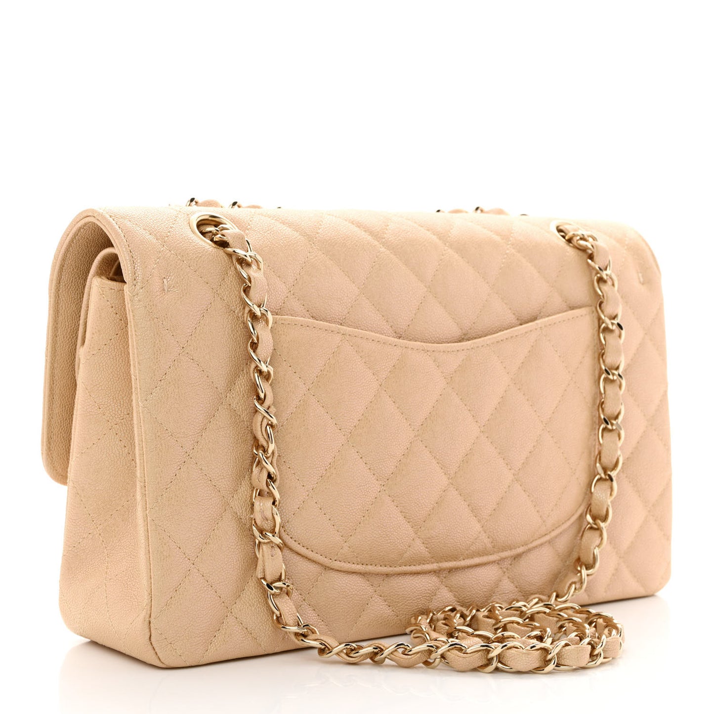 Iridescent Caviar Quilted Medium Double Flap Beige
