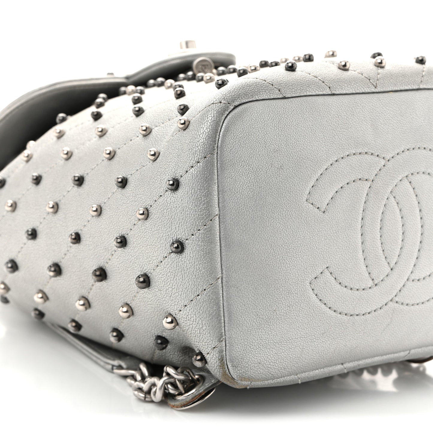 Metallic Lambskin Chevron Quilted Studded Stud Wars Backpack Silver