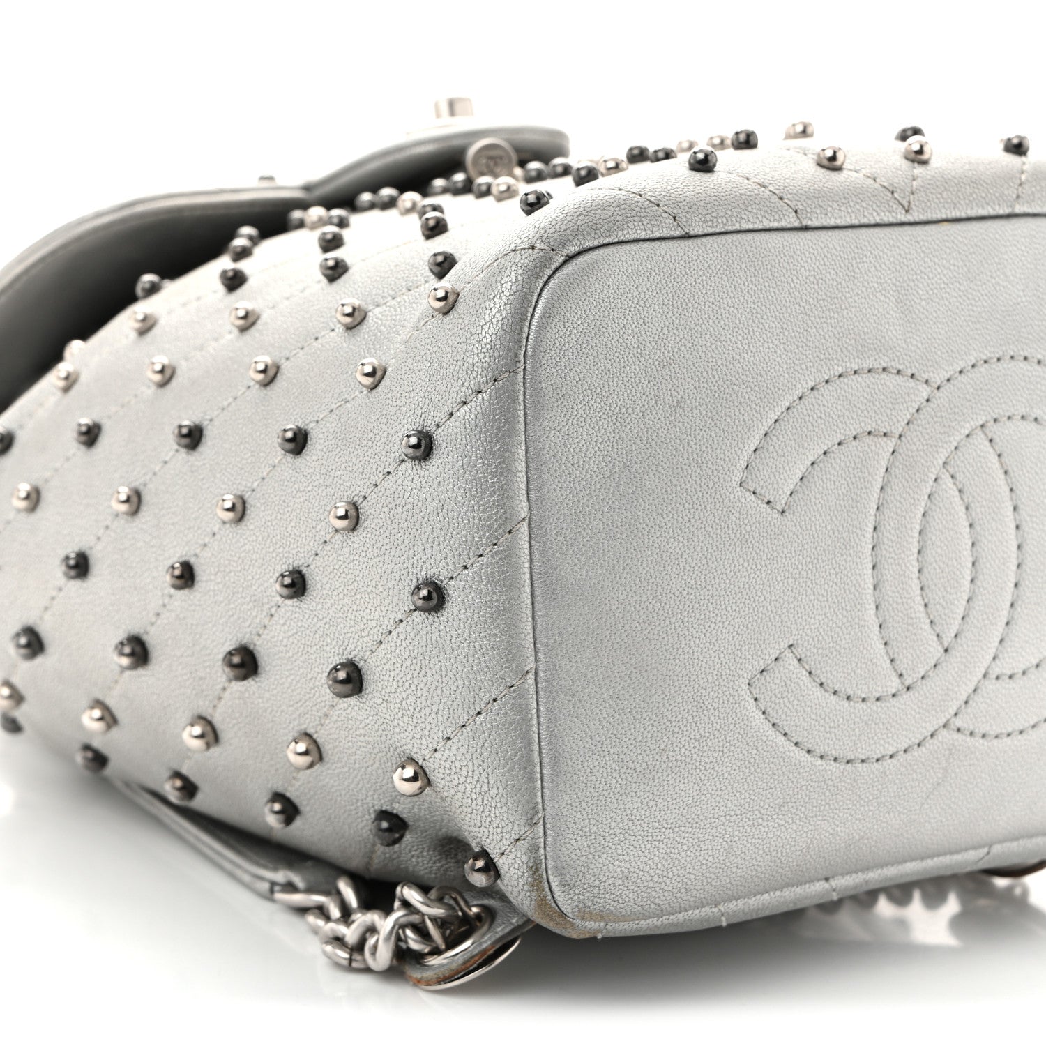 Chanel Metallic Lambskin Chevron Quilted Studded Stud Wars Backpack Silver 9 of 11