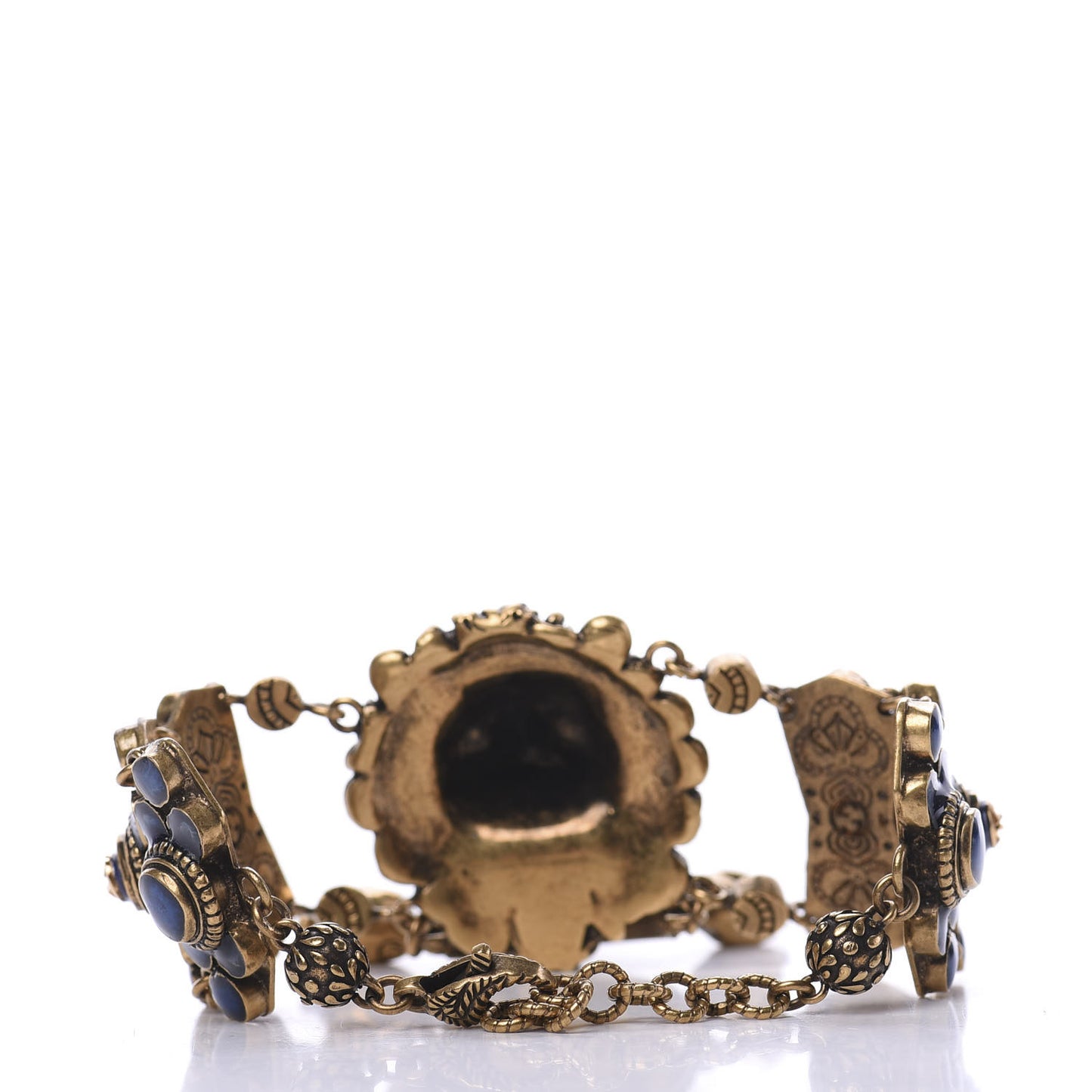 Metal Resin Pearl Lion Head Bracelet Aged Gold Blue