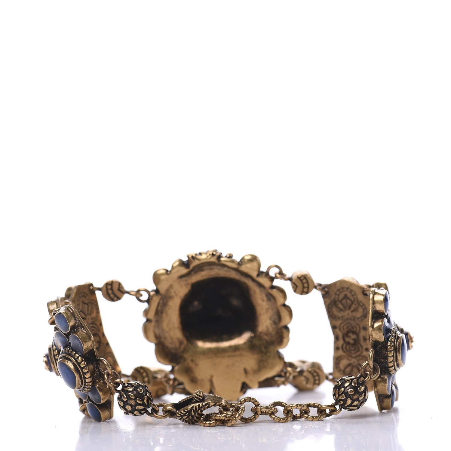 Gucci Metal Resin Pearl Lion Head Bracelet Aged Gold Blue 2 of 4
