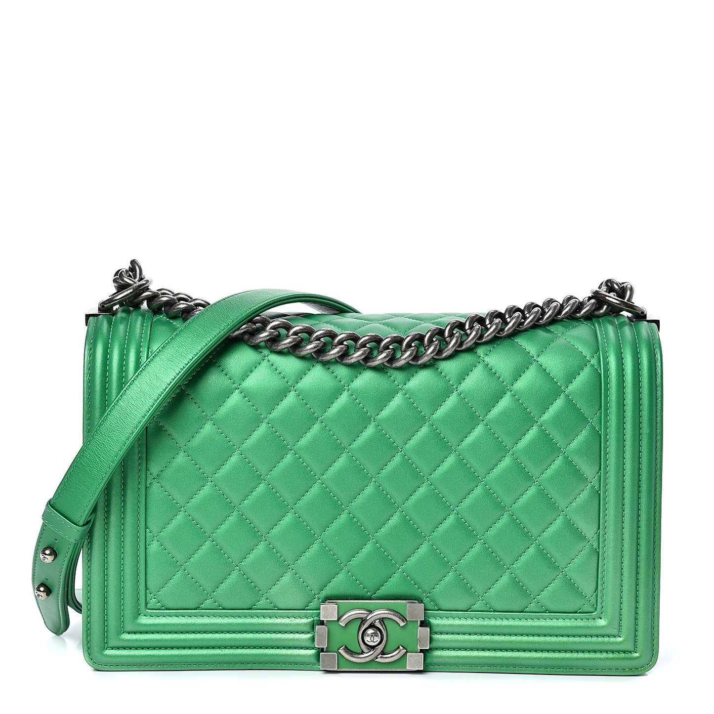 Metallic Calfskin Quilted New Medium Boy Flap Green