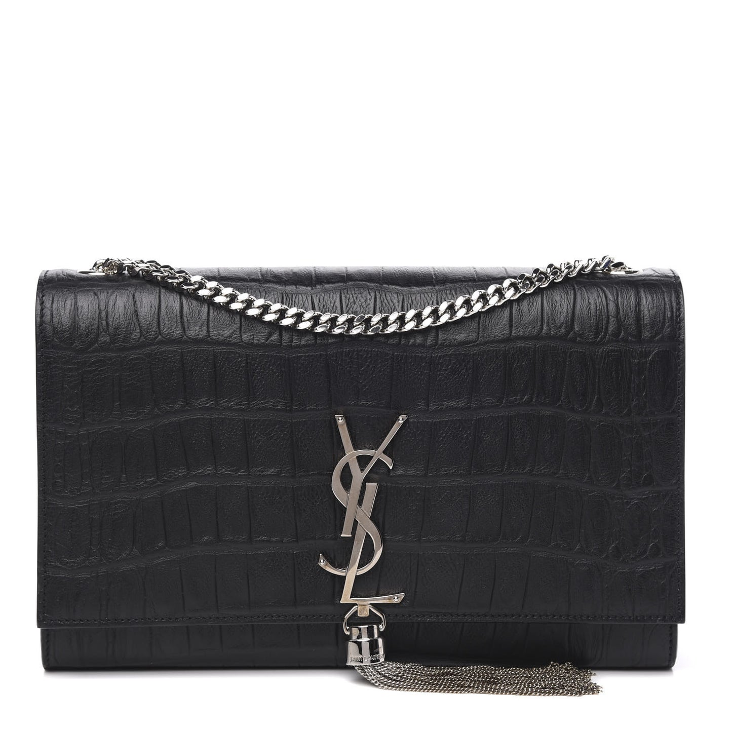 Calfskin Crocodile Embossed Medium Classic Monogram Kate Tassel Satchel Black