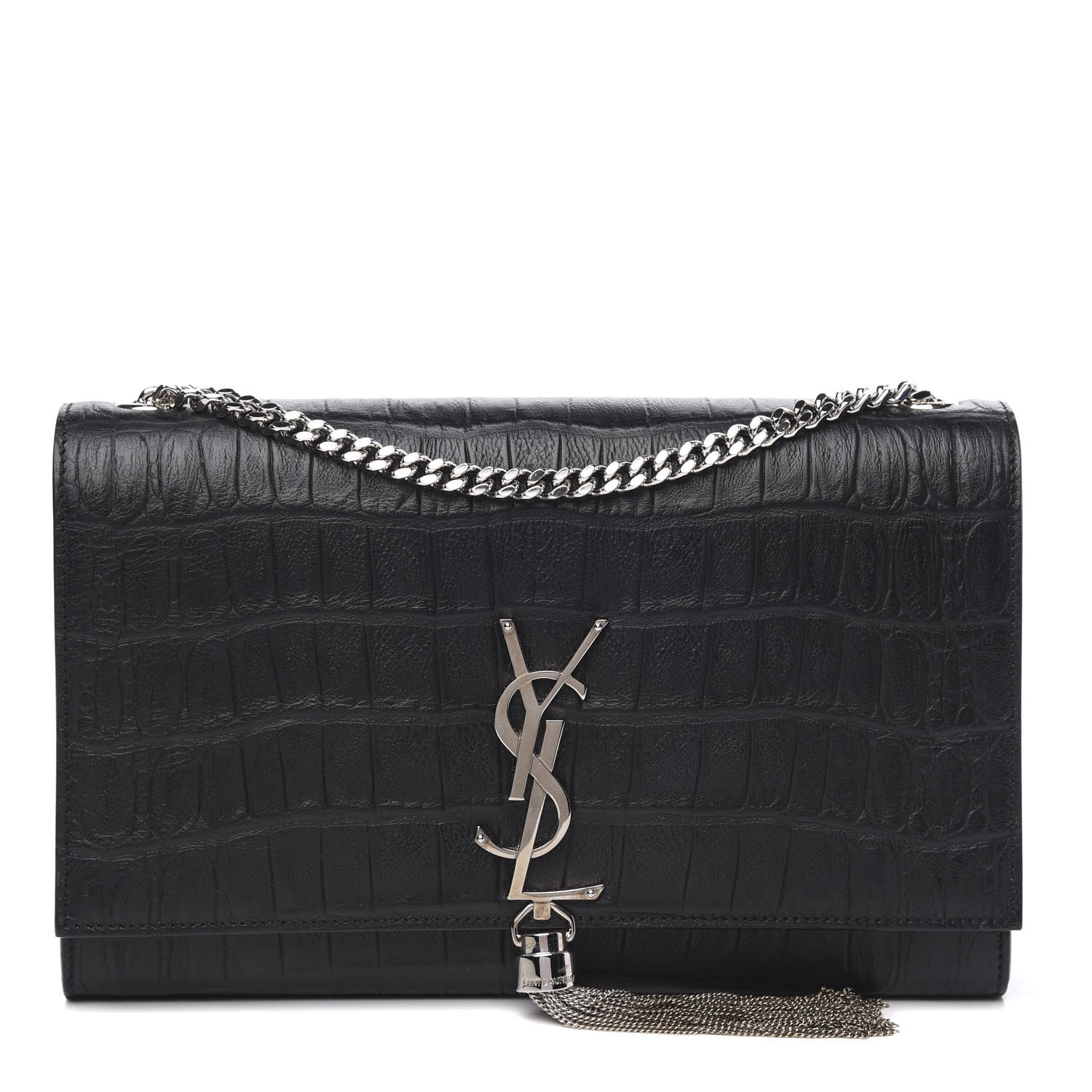 Saint Laurent Calfskin Crocodile Embossed Medium Classic Monogram Kate Tassel Satchel Black 1 of 10