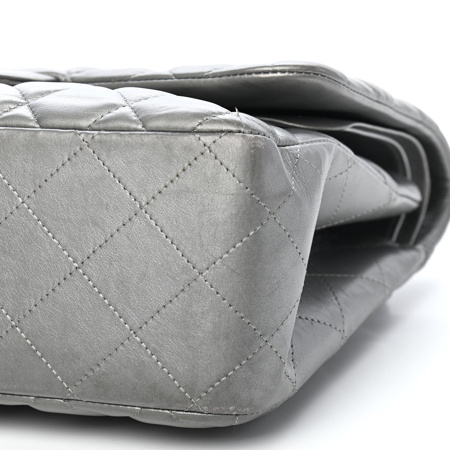 Metallic Lambskin Quilted Jumbo Double Flap Grey